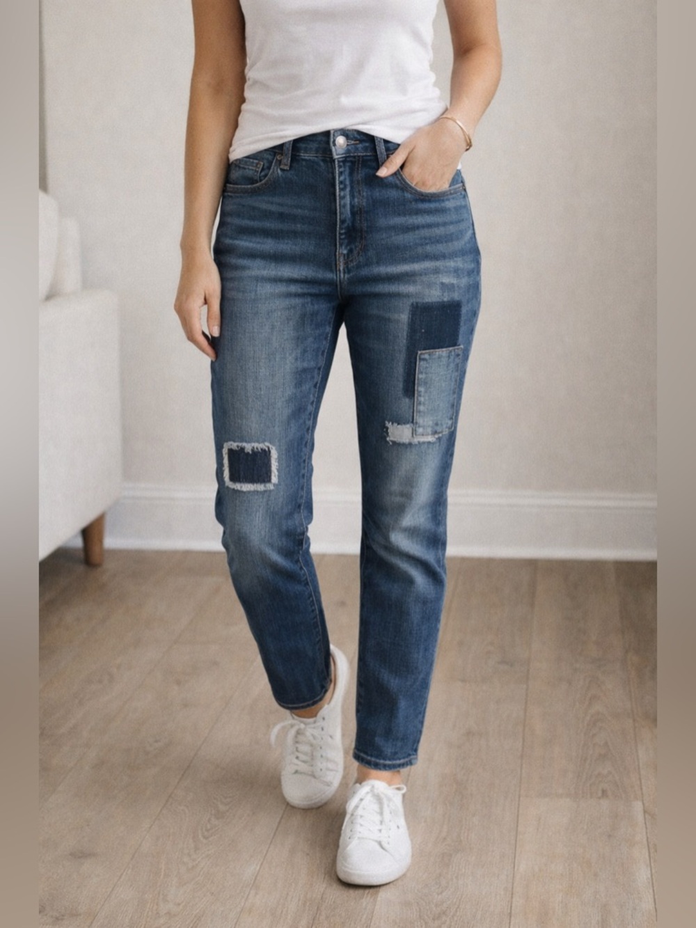 CAbi High Rise Straight Leg Jeans Patchwork Denim Size 4 Vintage Style 90s